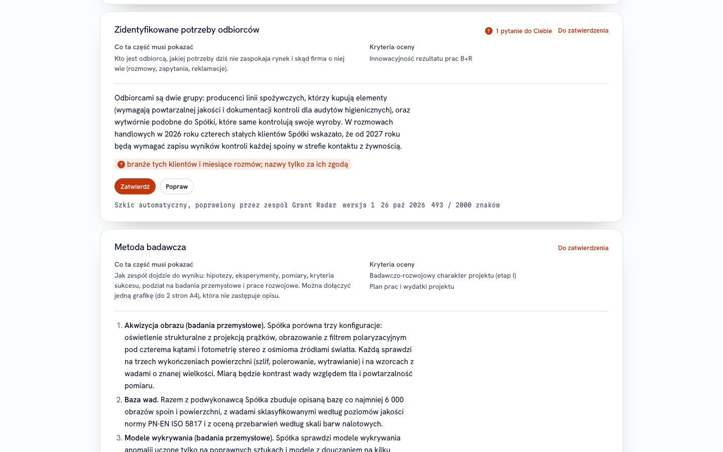 Grant Radar project workspace: a bid section with a question for the company, its status and the approve button (sample data)